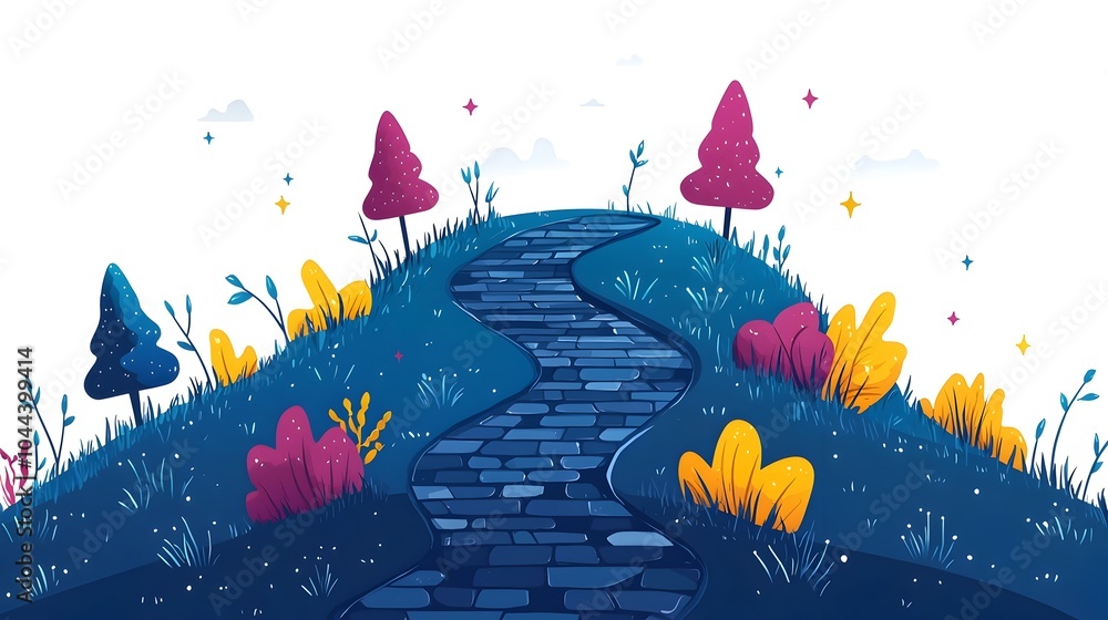 Poster minimalist flat design of a path with checkpoints and directional arrows representing a visual conce