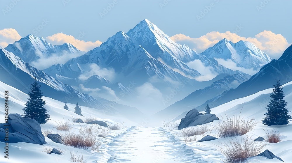 Poster scenic mountain path expanding into a strategic map guiding the way through challenges with a concep