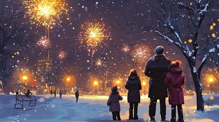 Obraz premium A family bundled up in coats and scarves, watching a fireworks show in a snowy park on New Year's Eve, with warm lights twinkling around them.