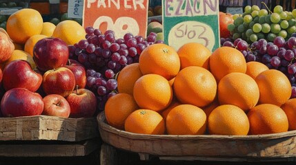 A farmer's market display of fresh apples, oranges, and grapes, with colorful signs in the background.