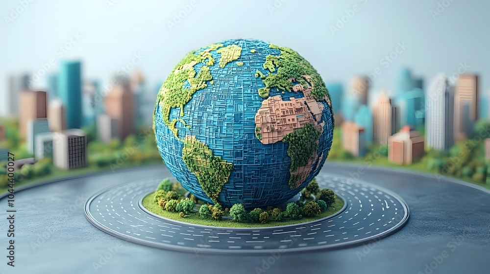 Poster flat design depicting a globe transforming into a complex road network representing a global strateg