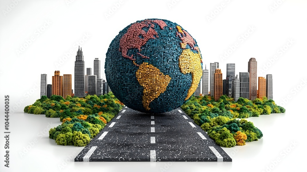 Poster conceptual depicting the globe transforming into a network of roads and connections representing the