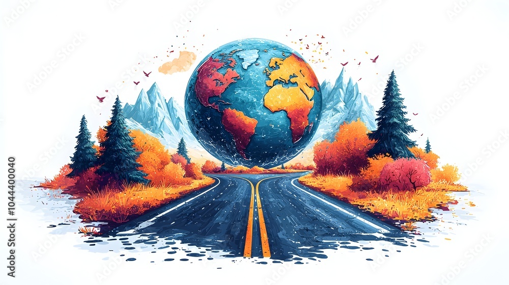 Poster conceptual of a world globe transforming into an interconnected road network representing a global s