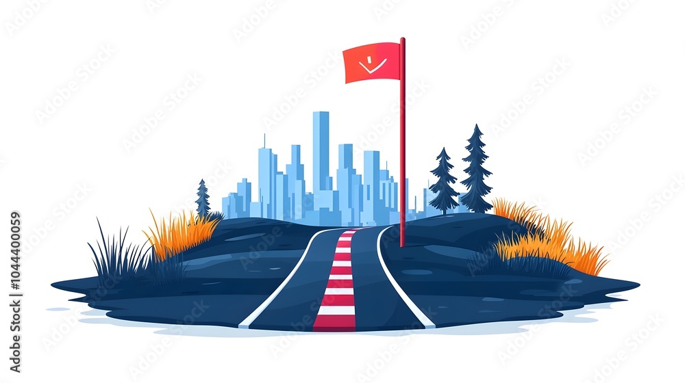 Poster roadway with flags marking progress and milestones symbolizing planning guidance and direction in a 