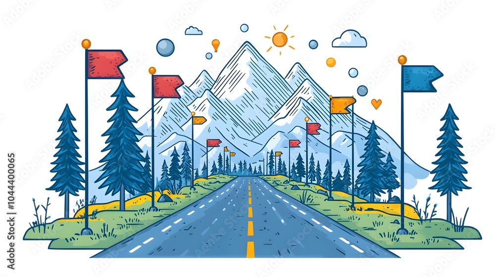 Aufkleber roadway with flags marking progress and guidance flat design symbolizing planning milestones strateg