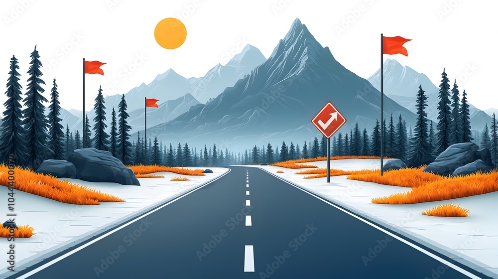 Poster flat design of a roadway with flags marking progress symbolizing planning milestones guidance and th