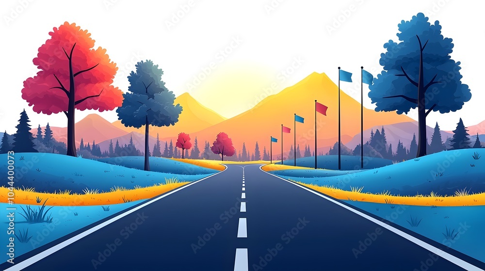 Poster roadway with flags marking progress and symbolizing planning milestones guidance and direction in fl
