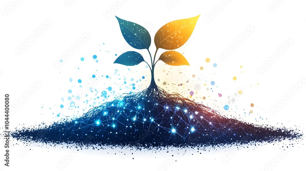 Poster digital roots growing into a data network representing the expansion of information and technology a