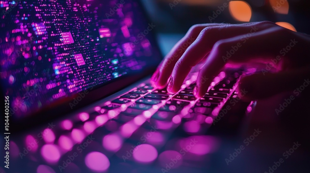 Poster a hand typing on a laptop keyboard illuminated with pink lights