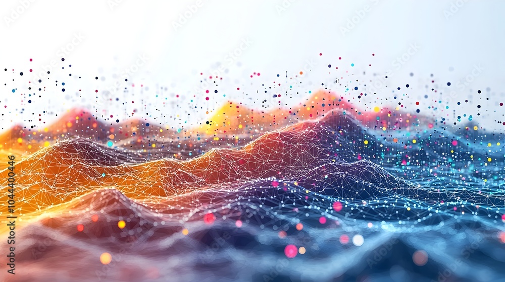 Poster graph lines expanding into a vibrant digital landscape symbolizing growth and progress through data 