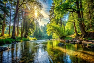 Obraz premium Serene forest bathed in sunlight next to a tranquil river forming a picturesque natural landscape Low Angle