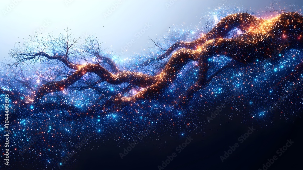 Poster tree roots growing and transforming into digital data connections symbolizing the natural growth and