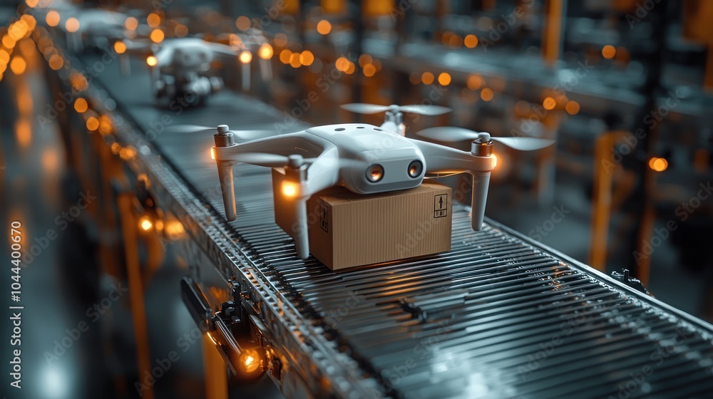 Poster a drone delivering a package on a conveyor belt in a factory setting