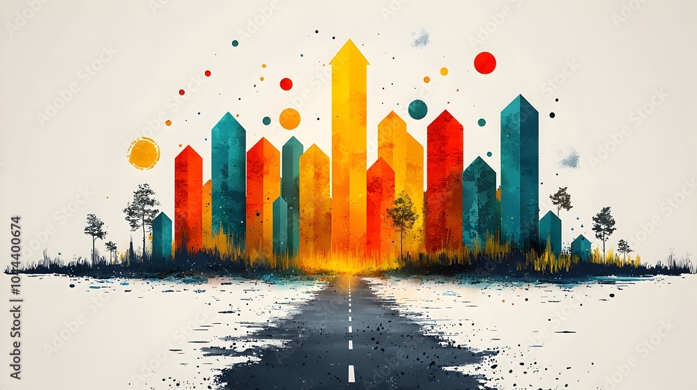 Poster data arrows expanding into a futuristic landscape symbolizing growth and progress through advanced a