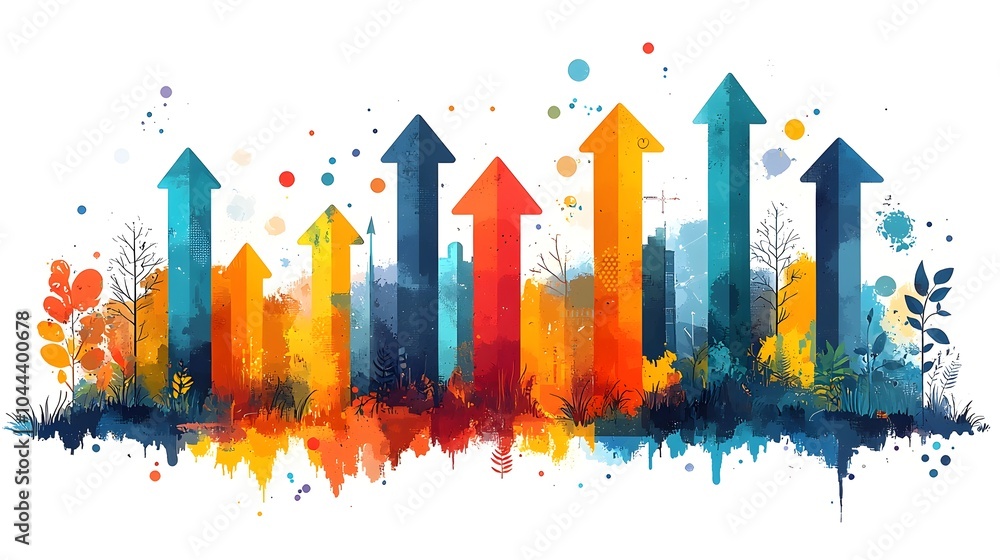 Poster futuristic data analytics landscape with expanding arrows representing growth and advancement throug