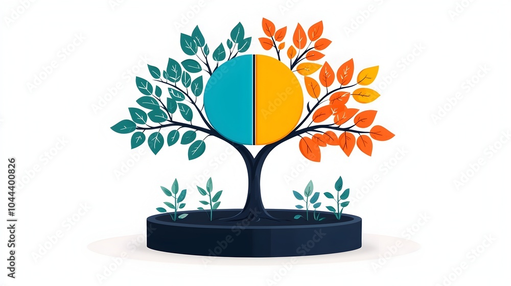 Poster tree growing from pie chart visualizing data driven growth and analytics flat design on isolated whi