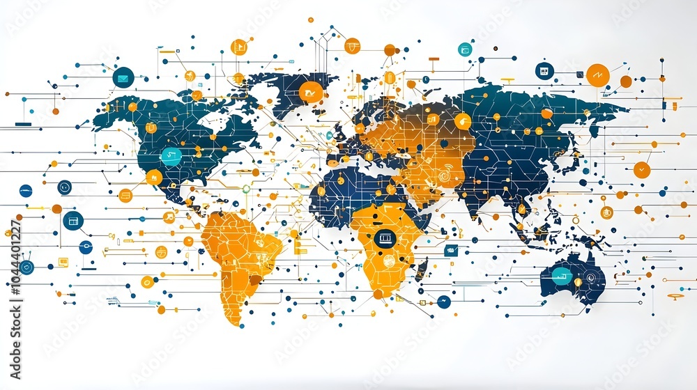 Poster Flat design of a globe with expanding data lines representing global growth and connectivity through digital information networks and data infrastructure