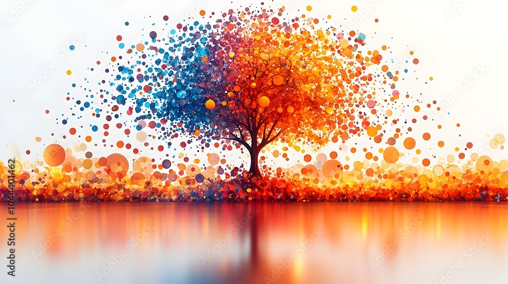 Poster digital of data bubbles expanding and forming a tree like information structure on a clean white bac