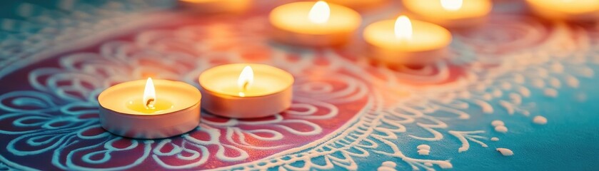 Close-up of intricate rangoli patterns with glowing candles, artistic Festival of Lights