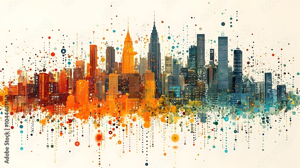 Poster binary code expanding into a futuristic city urban growth and development powered by data digital te