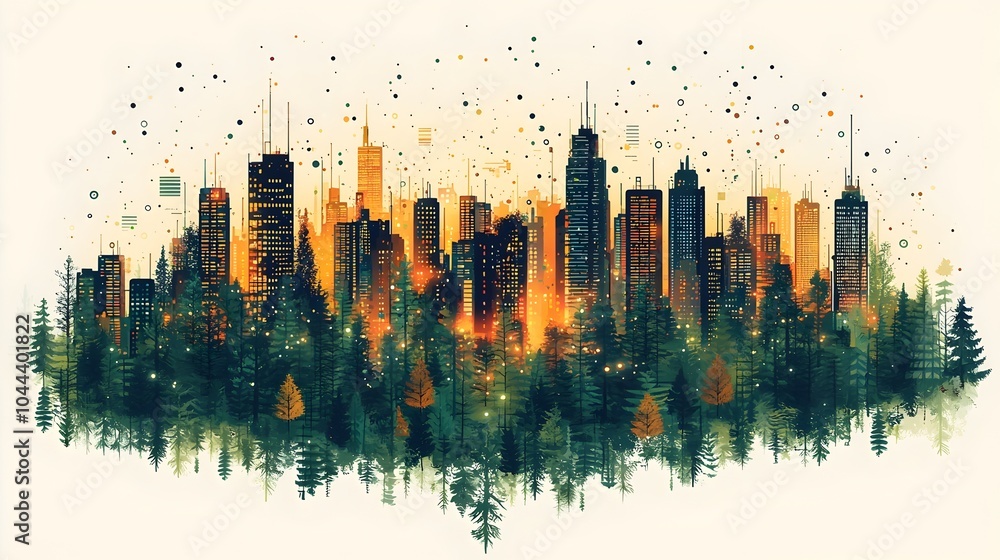 Poster binary code expanding into a futuristic city digital growth and technological innovation powering ur