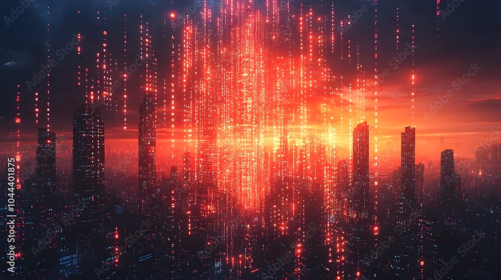 Poster abstract of binary code expanding into a futuristic city symbolizing the growth and progress of urba