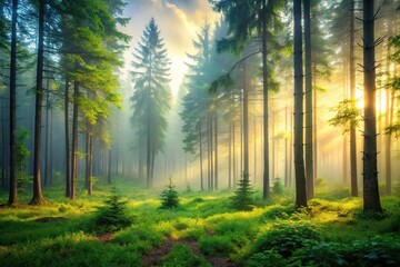 Obraz premium Serene forest landscape at dawn or dusk with soft lighting and fog silhouette