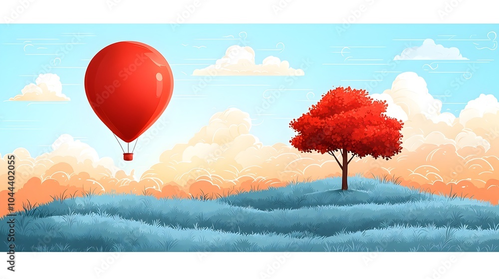 Poster balloon rising from a sapling symbolizing growth lifting potential and in a flat design on a clean w