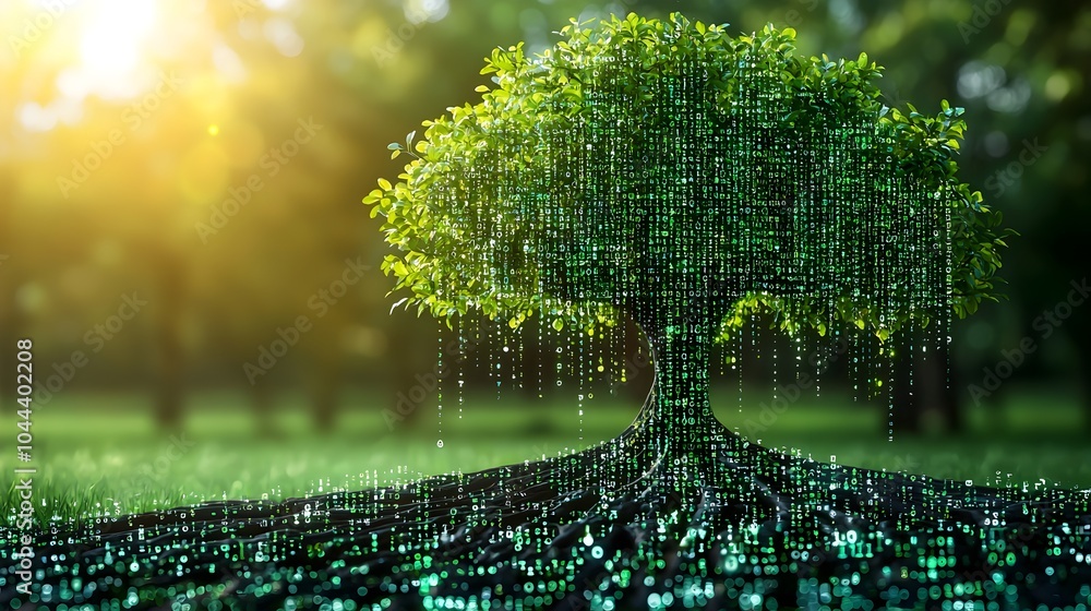 Poster binary code transforming into a growing tree representing the merger of digital data and natural gro