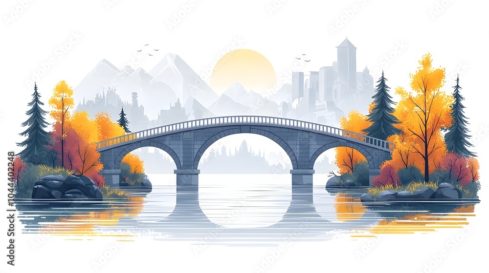 Poster expanding bridge crossing a river symbolizing growth development and connecting potential in a flat 