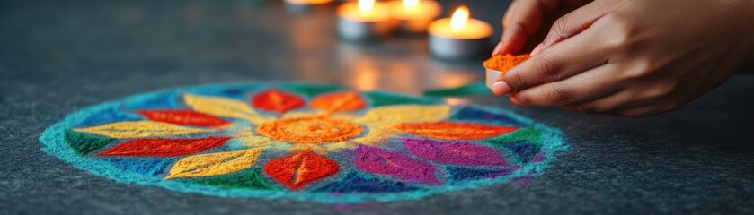 Fototapeta premium Hands creating rangoli patterns with bright powder, candles glowing in the background