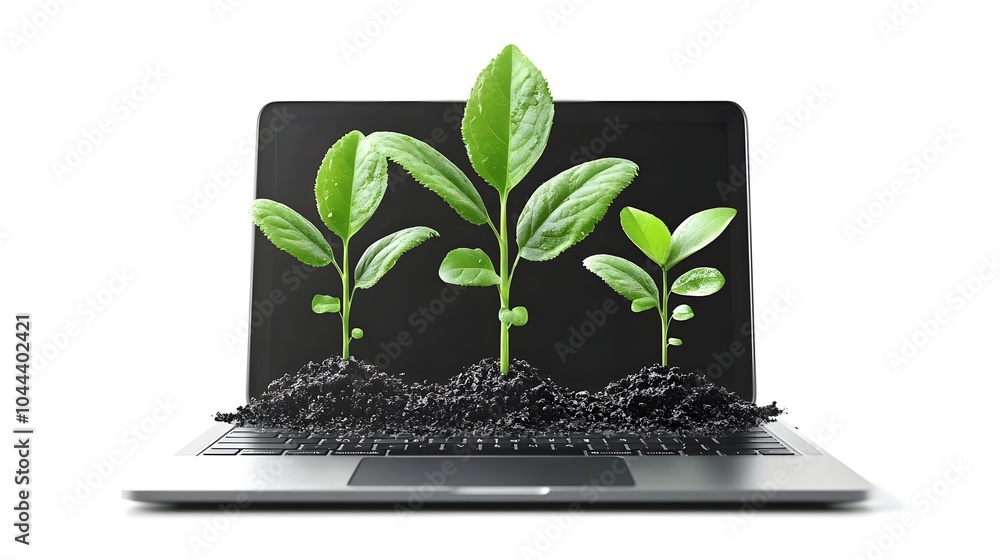 Poster a computer system seamlessly integrating with a flourishing plant symbolizing the convergence of tec