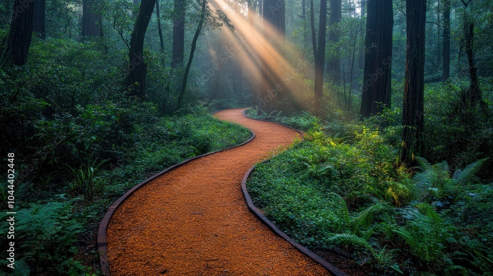 Poster a winding path through a serene forest with sunlight filtering through.