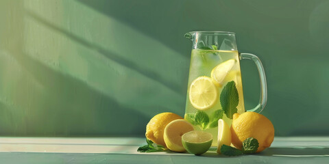a pitcher of lemonade with lemons and mint leaves, Refreshing Lemonade Pitcher with Lemons and Mint, 