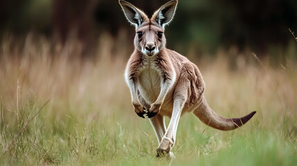 A kangaroo gracefully leaps across a grassy field, showcasing its powerful legs.