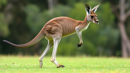 A graceful kangaroo hopping through a lush green field in natural habitat.