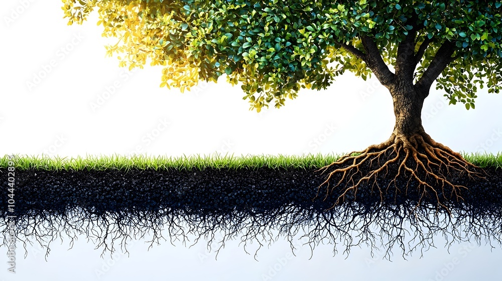 Poster tree roots expanding into an intricate network representing the hidden potential and growth within n
