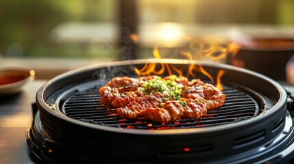 Fototapeta premium Delicious BBQ Grilling with Fresh Garnishes Outdoors