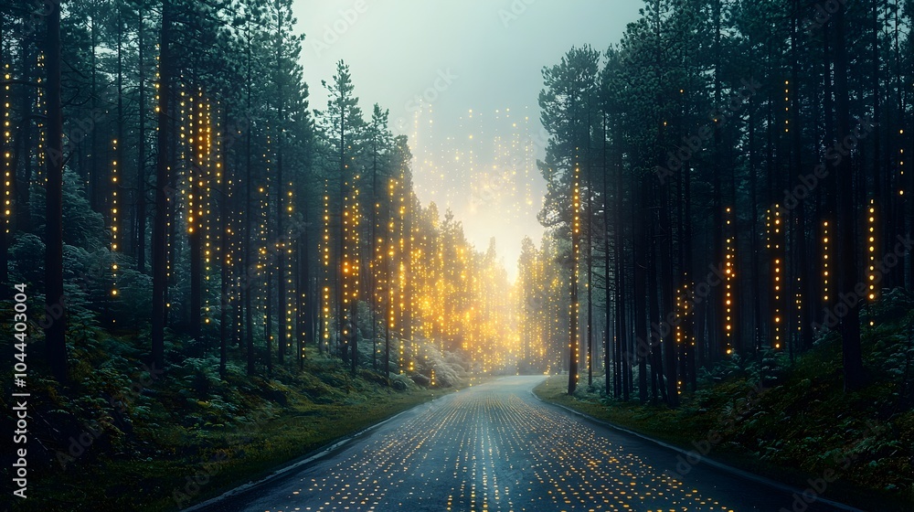 Poster digital data grid transforming into a flourishing forest symbolizing the dynamic growth and of struc