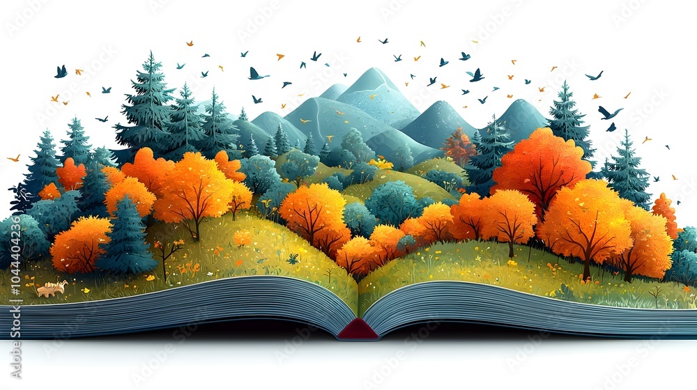 Poster visually captivating depicting book pages expanding into a vast open landscape symbolizing the growt