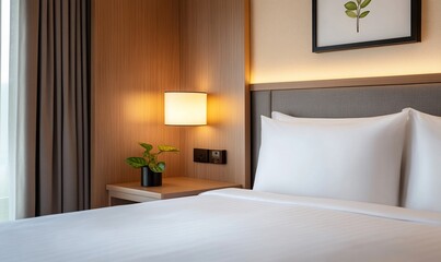 A white bed with two pillows and a bedside table with a lamp and a plant in a hotel room.