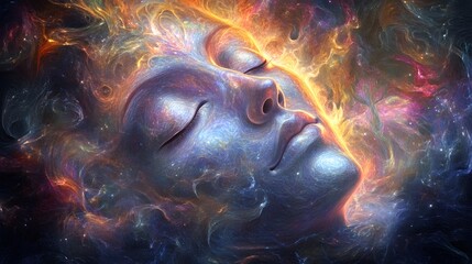 A serene expression on the being's face as it connects with the universe radiating peace and wisdom