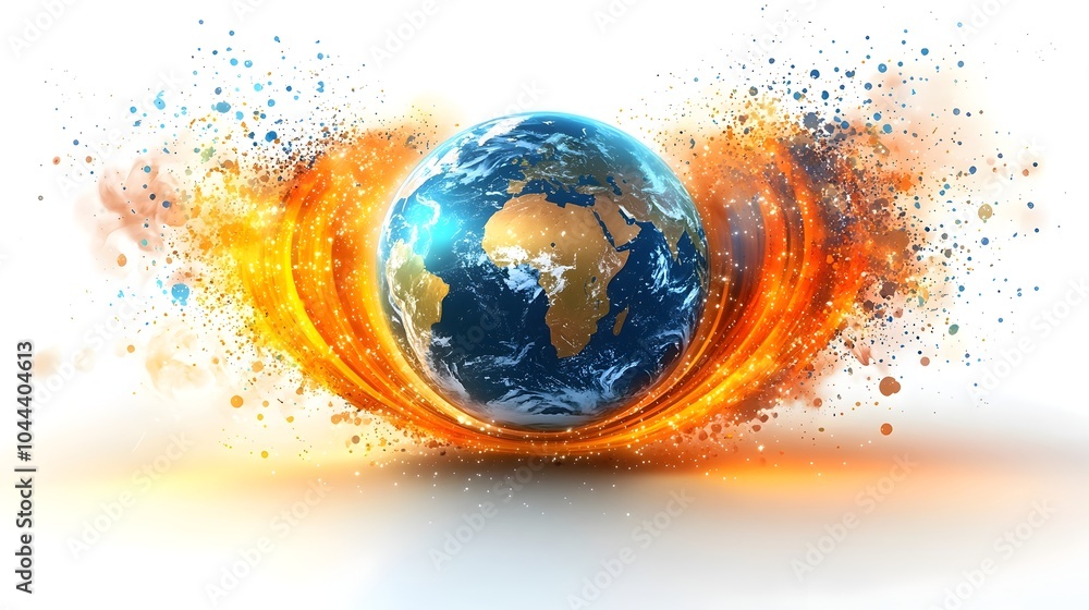 Poster flat design of a globe with expanding concentric rings symbolizing the idea of global growth expansi