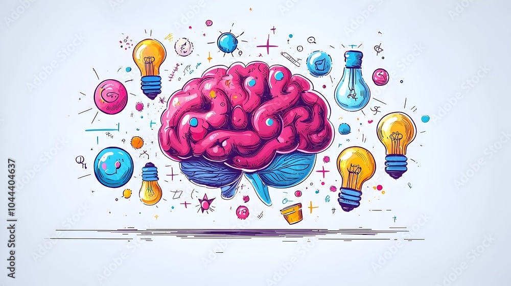 Poster flat design of a brain expanding with glowing lightbulbs symbolizing mental growth intellectual pote