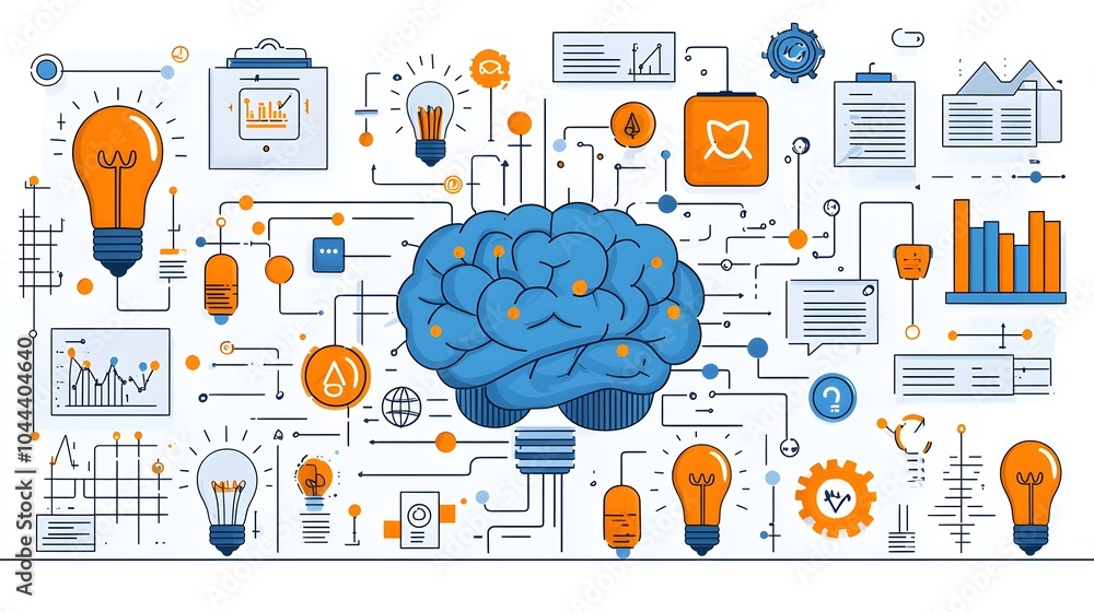Poster brain expanding with lightbulbs representing mental growth potential and intellectual enlightenment 