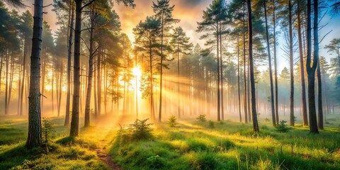 Obraz premium Serene forest scene at sunrise with misty trees