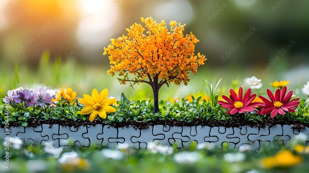 Poster puzzle pieces coming together to form a stylized tree representing the concept of growth and unlocki