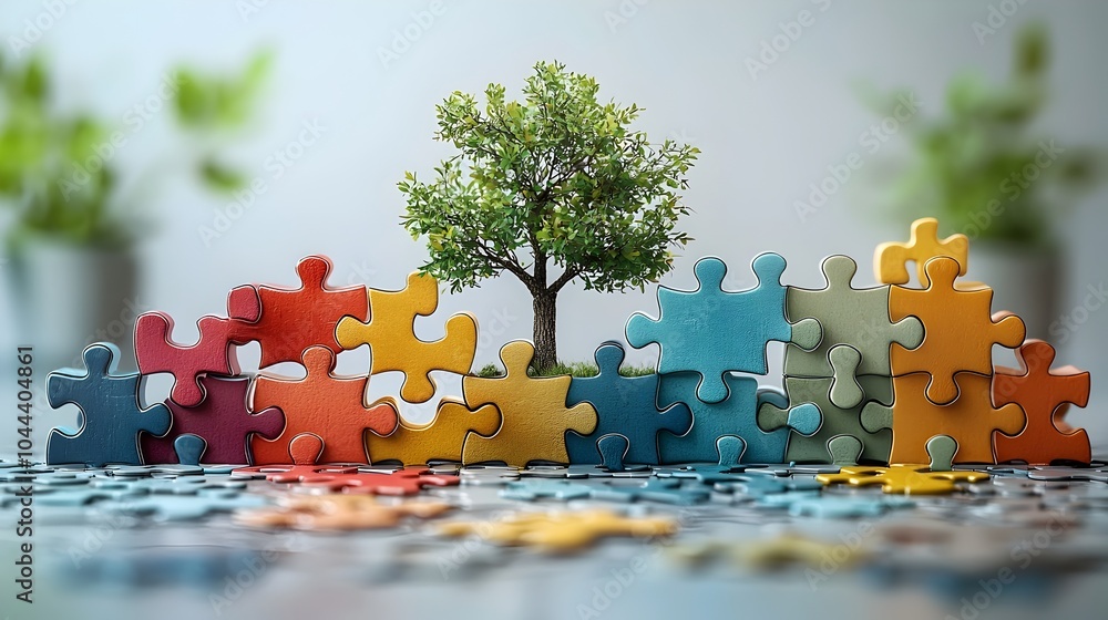 Poster Puzzle pieces coming together to form a tree representing the growth and potential that can be unlocked through creative problem solving in a flat design on a white background