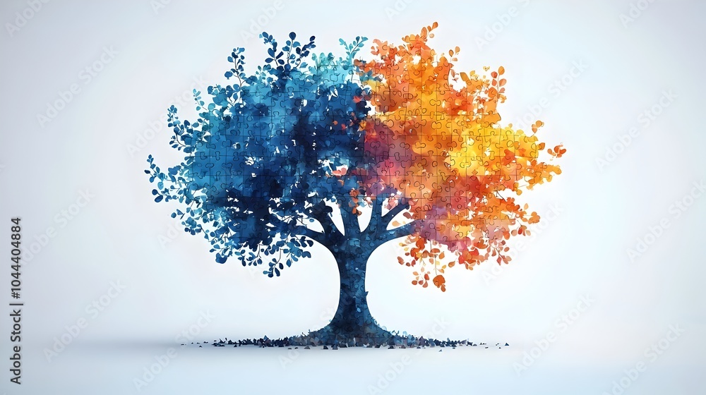 Poster puzzle pieces seamlessly coming together to form the shape of a tree symbolizing the growth potentia