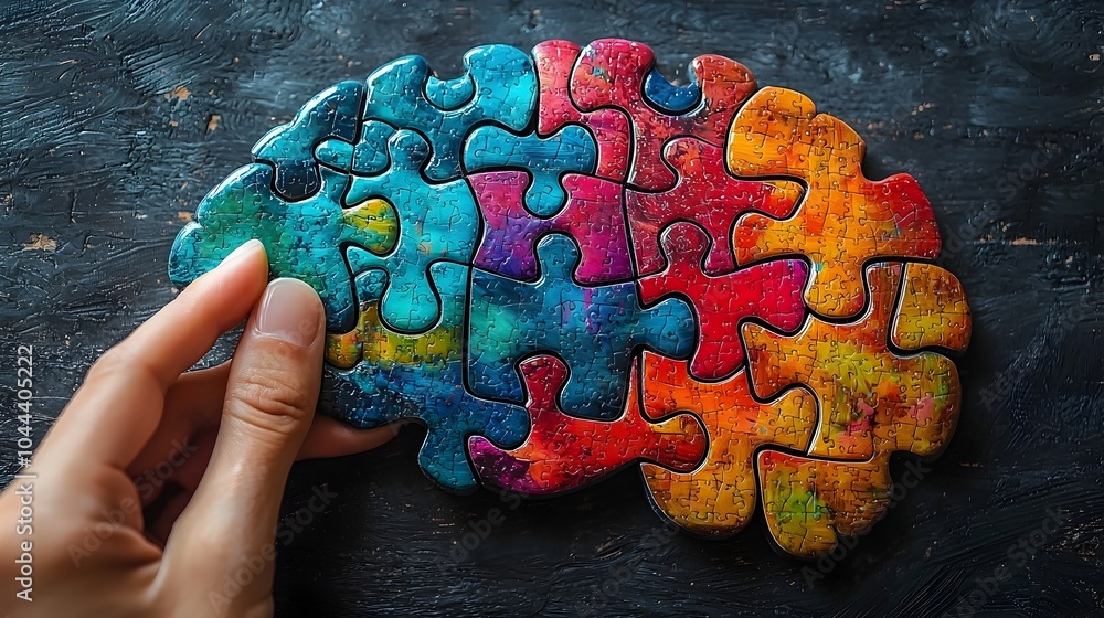 Poster creative problem solving concept with puzzle pieces forming a brain shape on a flat white background